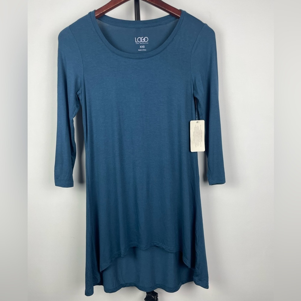 Logo Layers by Lori Goldstein Blue 3/4 Sleeve Asymmetric Hem Top Shirt